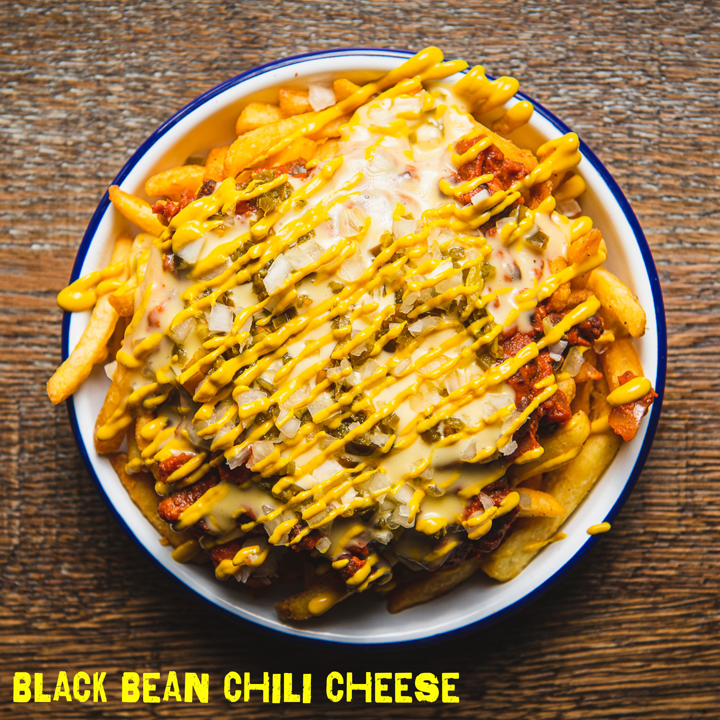 BLACK BEAN CHILI CHEESE (PB) | FRIES COVERED WITH OUR BLACK BEAN CHILI, 