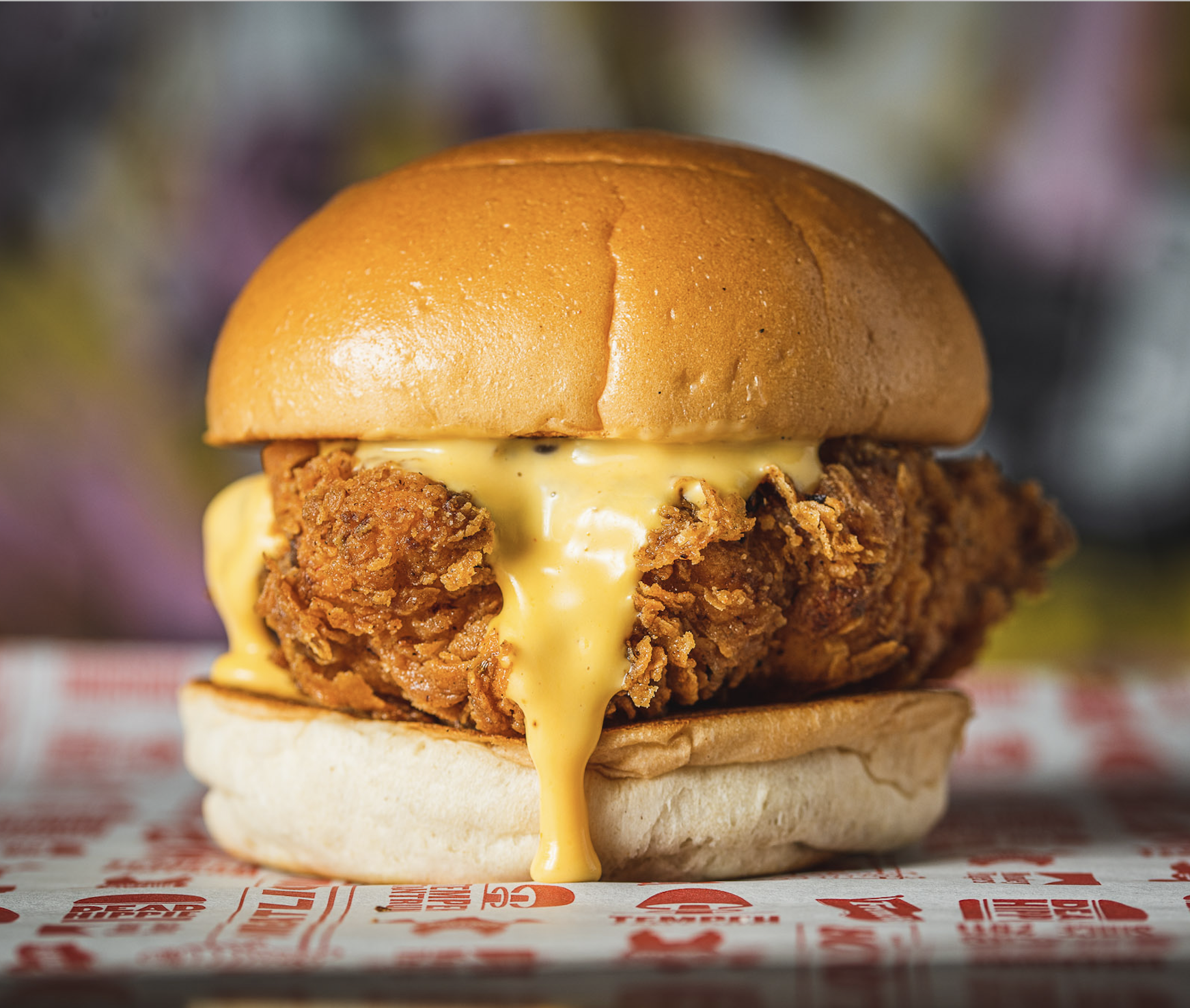 HALF COQ'ED | DREDGED & FRIED 1/2 CHICKEN BREAST, CHEESE SAUCE & PICKLES Image