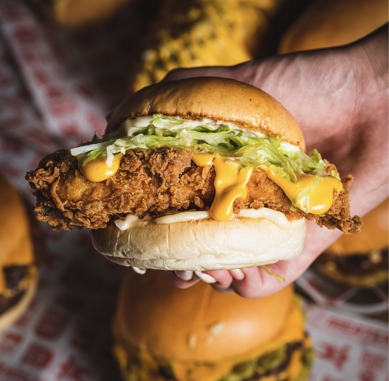 DIRTY CHICKEN CHEESE | DREDGED & FRIED CHICKEN BREAST, CHEESE SAUCE, DICED WHITE ONION, MAYO & LETTUCE Image